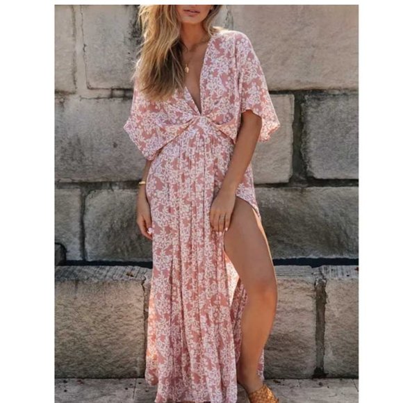 Dresses & Skirts - Boho Floral Print Plunging Neck Split Thigh Maxi Dress
